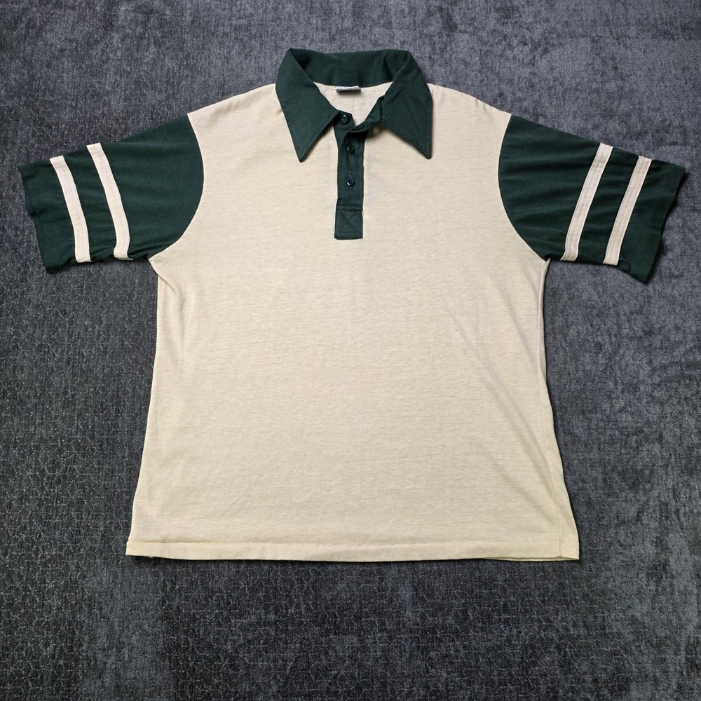 Vtg 70s Dagger Collar Polo Shirt Mens Large JCPenney Green Cream Colorblock L